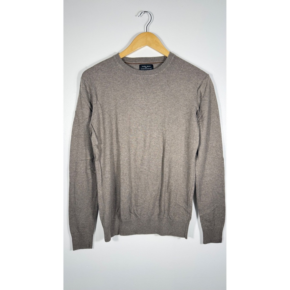 Zara Man Basic Crewneck Sweater Mens Medium Taupe Brown Heather Knit Pullover